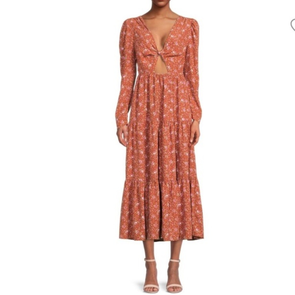 WAYF Burnt Orange Floral Keyhole Tiered Midi Dress Size Small NWOT